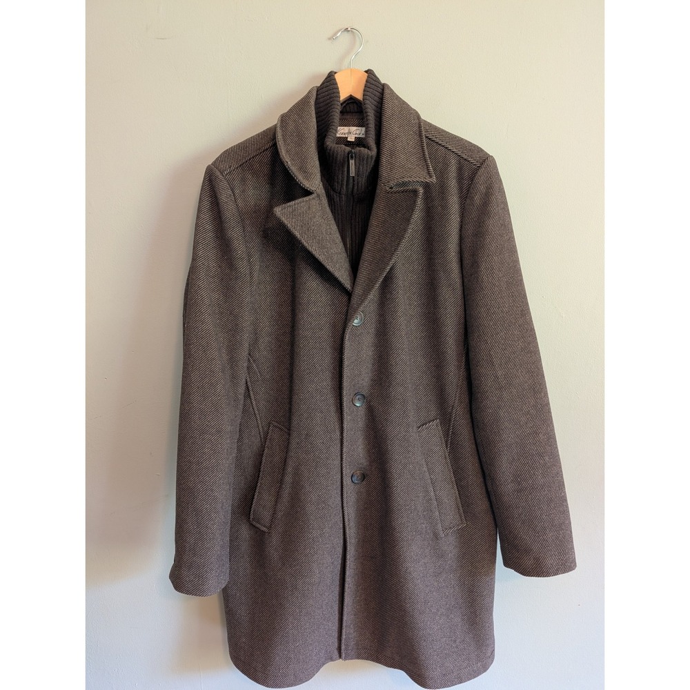 Kenneth Cole New York Mens Wool Blend Car Coat Brown Herringbone Bib Large